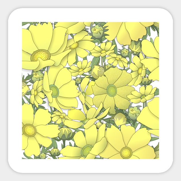 Tossed Yellow Cosmos Wildflowers on White Sticker by ArtticArlo